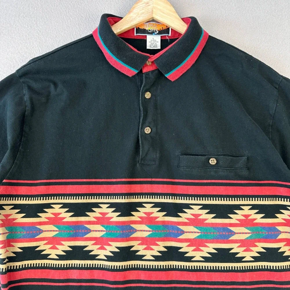 VTG 90s Cripple Creek Polo Shirt Mens L Black Aztec Southwest Heavy Short Sleeve